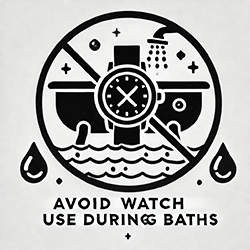 A black and white sign with a watch and bathtub Description automatically generated