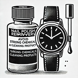 A black and white illustration of a watch and a bottle of nail polish with Jack Daniel's in the background Description automatically generated